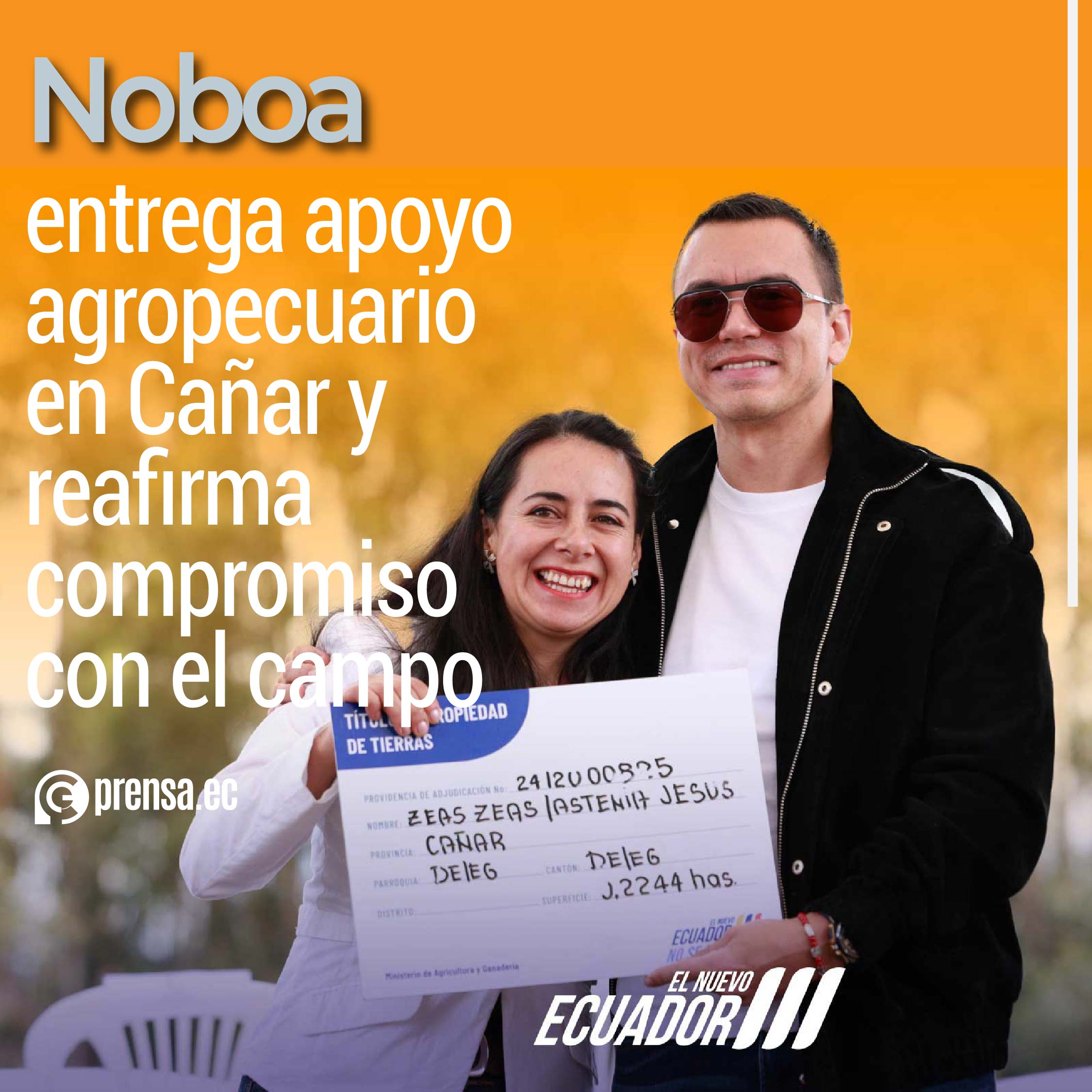 Noboa entrega apoyo agropecuario en Cañar y reafirma compromiso con el campo