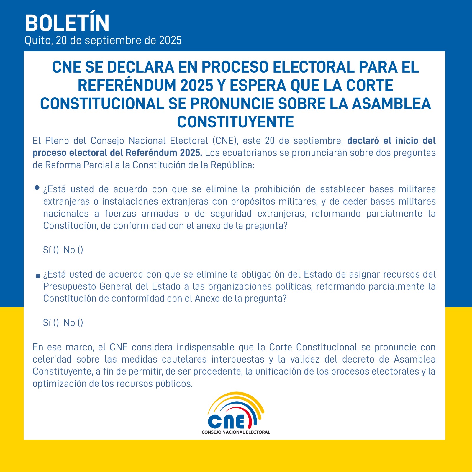 El CNE de Ecuador aprobó el inicio del proceso electoral para el referéndum 2025. Los ciudadanos votarán sobre bases militares extranjeras y el financiamiento estatal a partidos políticos. ¿Qué opinas? #Referéndum2025