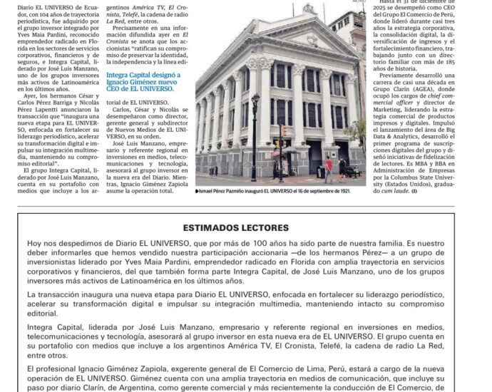 Cambio de mando en EL UNIVERSO: Inversionistas extranjeros asumen el control.