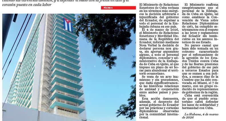 Cuba califica de arbitraria la expulsión de su personal diplomático en Ecuador