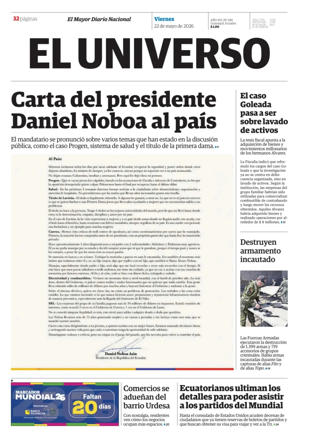Daniel Noboa publica carta al país para responder a frentes políticos