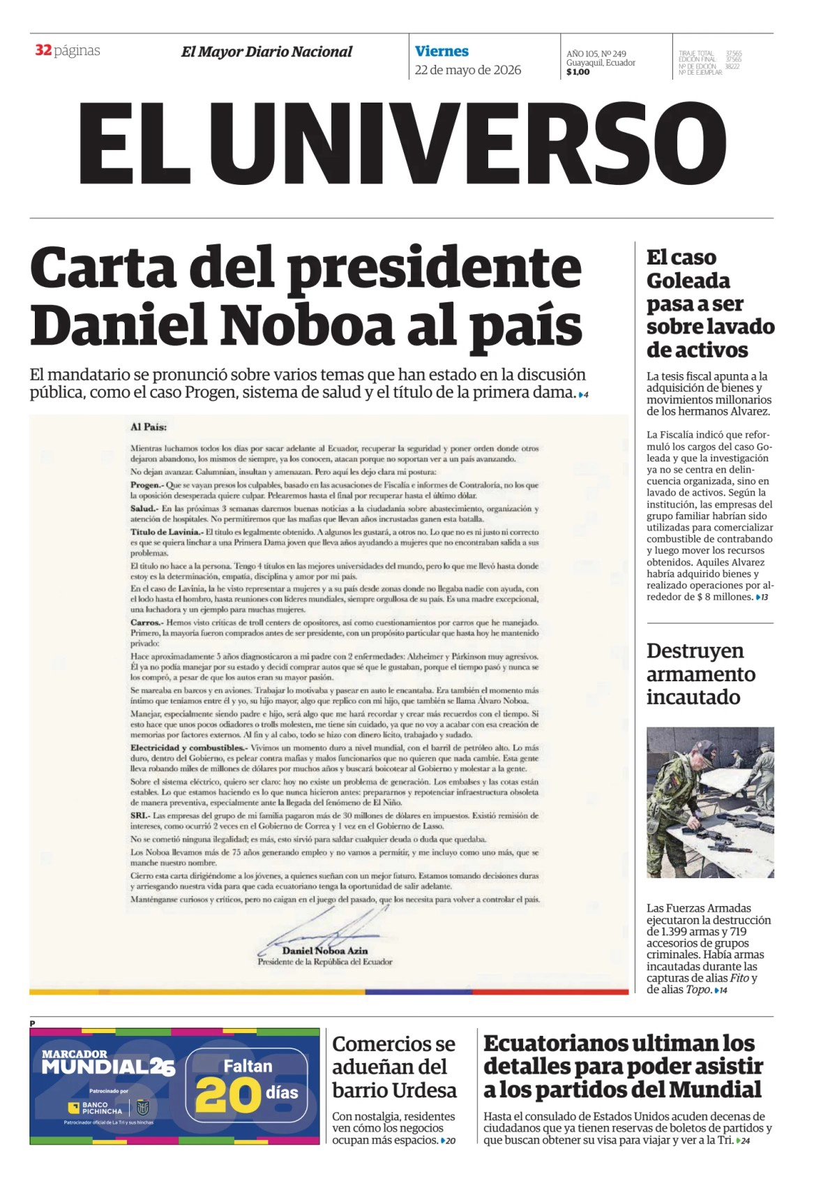 Daniel Noboa publica carta al país para responder a frentes políticos